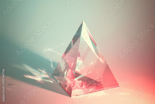 A faceted crystal geometric prism rest on a smooth surface, illuminated by soft, diffused sunlight. 