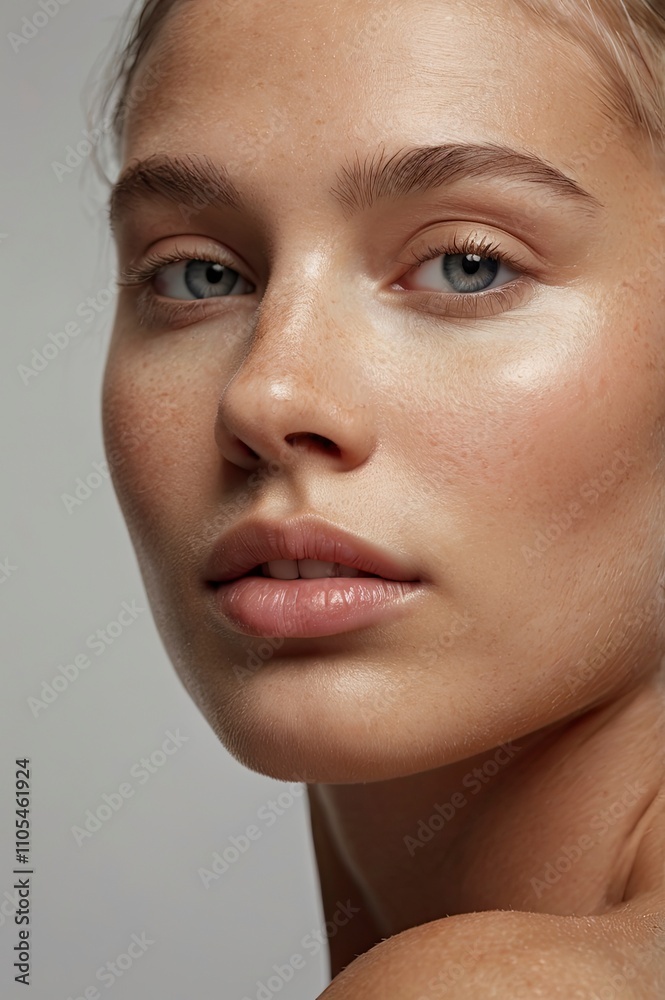 A close-up shot of a woman with glowing skin and natural makeup in a studio setting. Perfect for promoting face care products A close-up shot of a woman with glowing skin and natural makeup in a studio setting. Perfect for promoting face care products