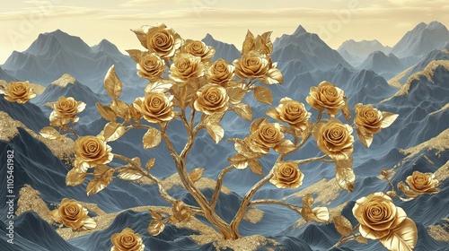 Golden roses grow on branch against majestic mountains. 3D mural style background shows intricate details of golden flowers on textured backdrop. Roses, leaves intricately designed in golden tones