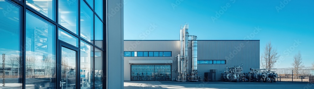Modern Industrial Facility with Blue Sky Reflections on Glass Windows and Advanced Equipment in a Spacious Outdoor Setting Modern Industrial Facility with Blue Sky Reflections on Glass Windows and Advanced Equipment in a Spacious Outdoor Setting