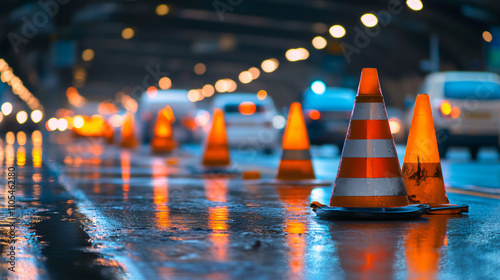 A highway lane closure with cones and traffic merging into a single lane.