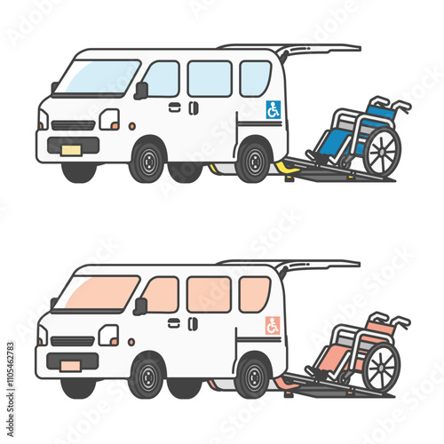 車椅子を搭載するリフト付きの軽自動車介護タクシー・軽バンのイラスト(フルカラー＆モノカラーset)