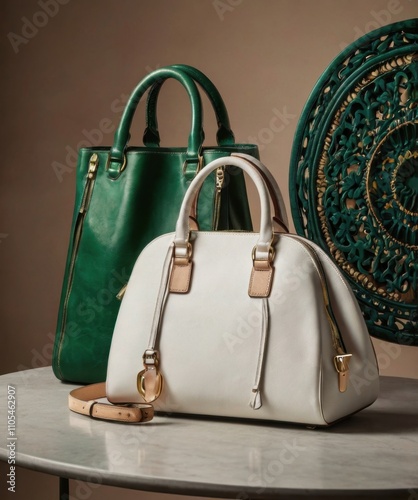 Elegant Leather Handbags in Green and White
