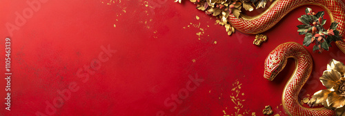 Decorative red background with golden snake and flowers