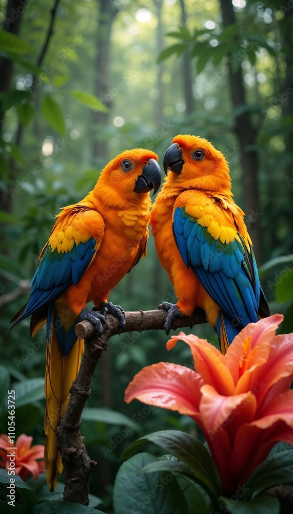 Two vibrant parrots on a branch surrounded by jungle flowers. Two vibrant parrots on a branch surrounded by jungle flowers.