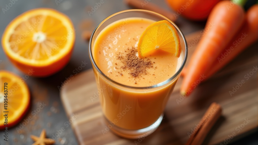 Carrot and orange smoothie with ginger - A vibrant glass of carrot orange smoothie topped with cinnamon and a fresh orange slice, surrounded by whole carrots and orange halves Carrot and orange smoothie with ginger - A vibrant glass of carrot orange smoothie topped with cinnamon and a fresh orange slice, surrounded by whole carrots and orange halves