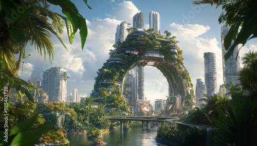 view of the futuristic city with greenery arch and 
skyscrapers  photo