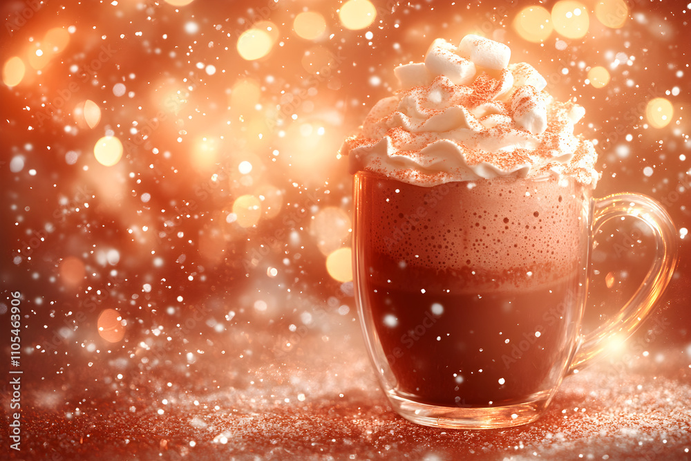 Cup of hot chocolate or mug of cocoa with small marshmallows against traditional winter christmas market. City street in fair atmosphere. New Year holidays and Xmas concept for banner, poster, card Cup of hot chocolate or mug of cocoa with small marshmallows against traditional winter christmas market. City street in fair atmosphere. New Year holidays and Xmas concept for banner, poster, card