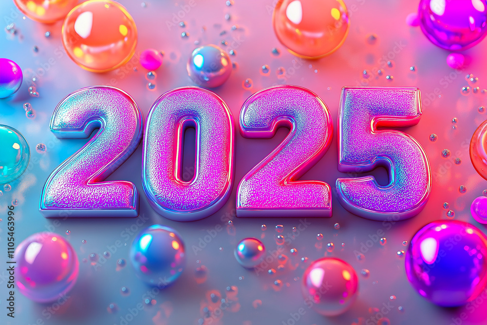 Holographic numbers 2025 on a light gray background. New Year's Design with numbers. Holographic numbers 2025 on a light gray background. New Year's Design with numbers.