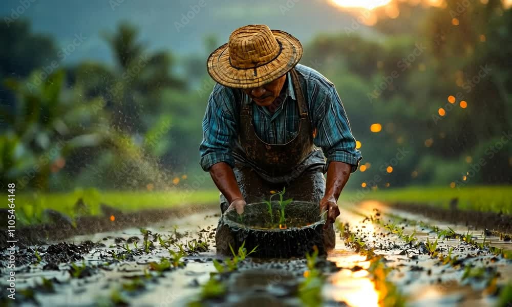 Farmer cultivating rice in a flooded field at sunset. Farmer cultivating rice in a flooded field at sunset.