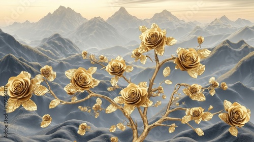 Golden roses bloom on branches against backdrop of majestic mountains. Image evokes sense of luxury, elegance. 3d mural background wallpaper design. Golden flowers, leaves contrast beautifully with
