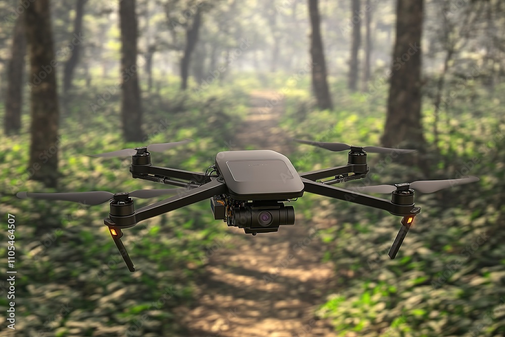 Drone flying in forest capturing scenic beauty Drone flying in forest capturing scenic beauty