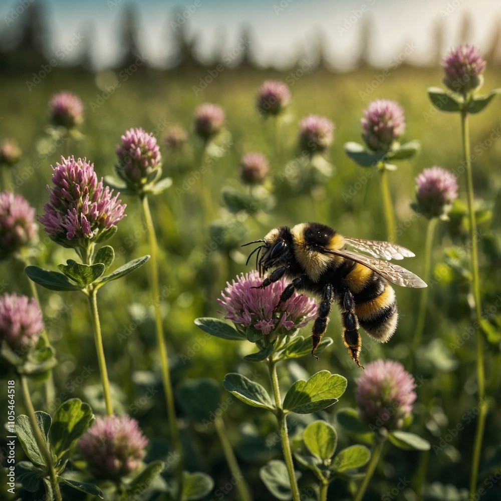A bumblebee buzzing over a clover-filled meadow.
A bumblebee buzzing over a clover-filled meadow.