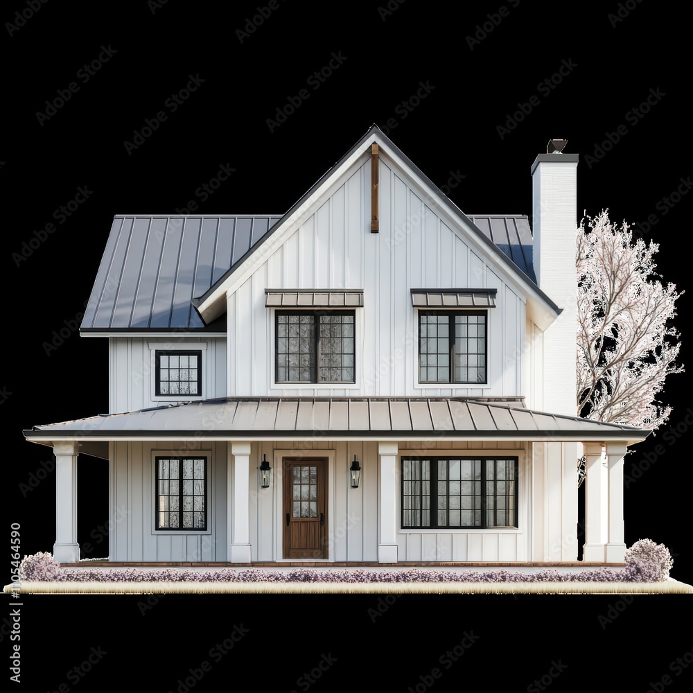 Charming Modern White House with Gray Roof and Flowering Trees Charming Modern White House with Gray Roof and Flowering Trees