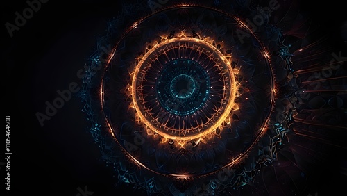 Abstract fractal background with a mandala made of luminous ring on a dark background. Generative AI