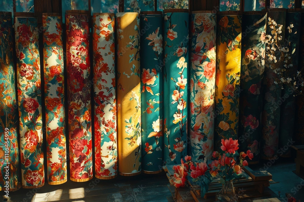 Naklejka premium Vibrant Floral Fabric Rolls Displayed In Sunlight