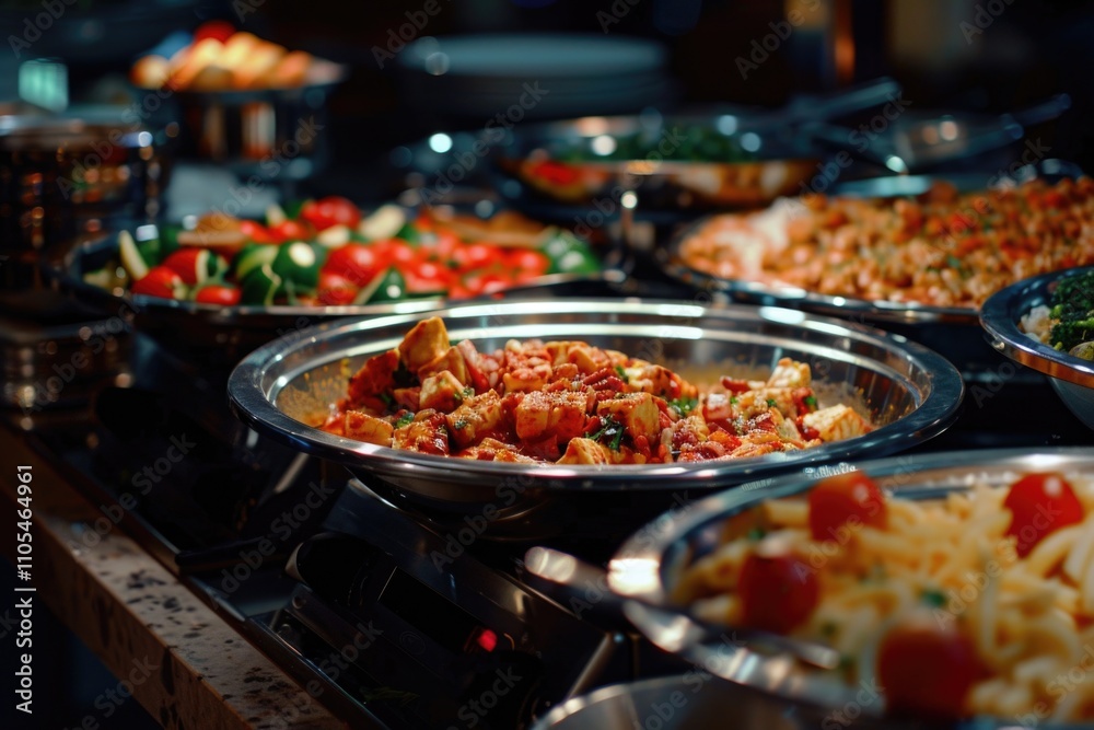 Large assortment of food is displayed on a table, including a variety of vegetables and meats. The table is set up for a buffet-style meal, with several bowls Large assortment of food is displayed on a table, including a variety of vegetables and meats. The table is set up for a buffet-style meal, with several bowls