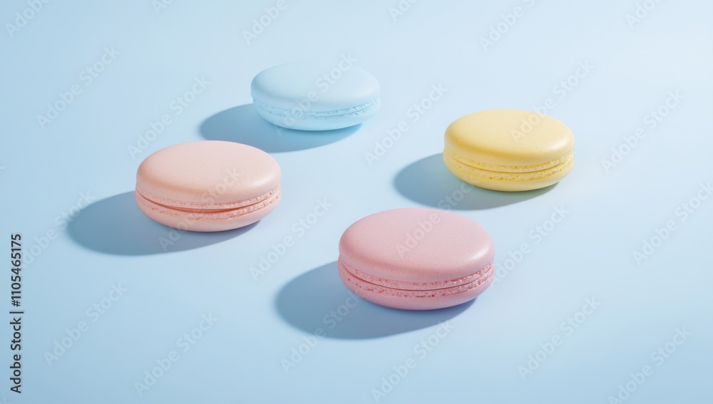 Colorful Macarons Floating on Pastel Blue Background – Flat Lay Banner with Copy Space for Bakery Concept Colorful Macarons Floating on Pastel Blue Background – Flat Lay Banner with Copy Space for Bakery Concept