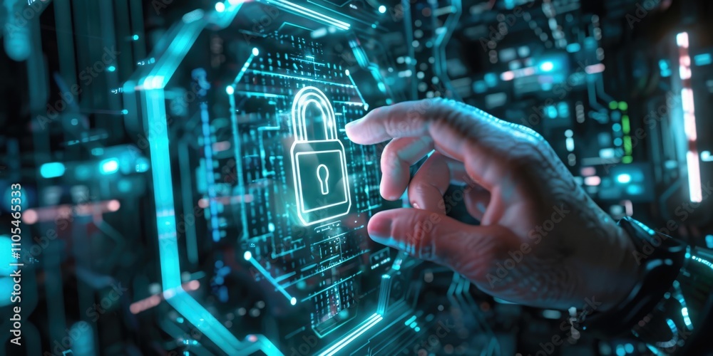 Hand is pointing to a blue screen with a lock symbol on it. Concept of security and protection, as the lock symbolizes a barrier that must be overcome to access something valuable or important Hand is pointing to a blue screen with a lock symbol on it. Concept of security and protection, as the lock symbolizes a barrier that must be overcome to access something valuable or important