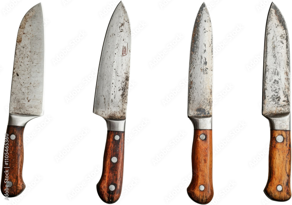 Rustic collection of aged kitchen knives exhibiting unique wear and character with sturdy wooden handles on a transparent backdrop Rustic collection of aged kitchen knives exhibiting unique wear and character with sturdy wooden handles on a transparent backdrop