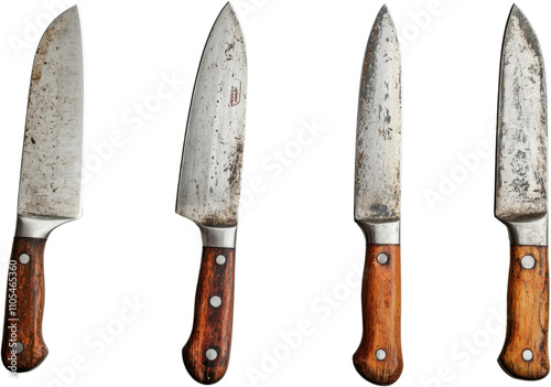 Rustic collection of aged kitchen knives exhibiting unique wear and character with sturdy wooden handles on a transparent backdrop