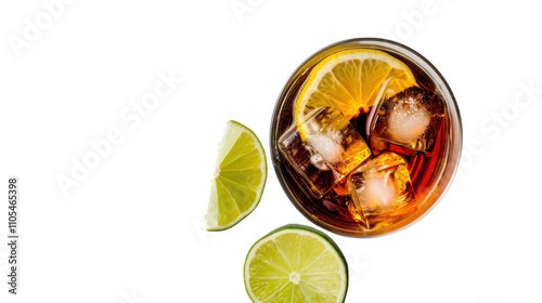 Cuba libre cocktail, top down view with limes