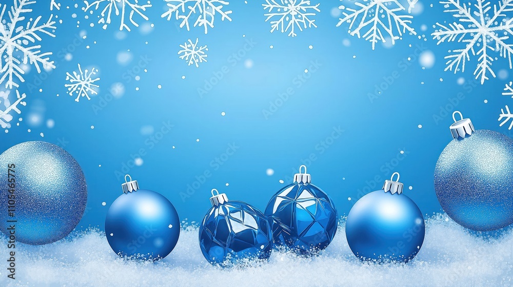 Shiny blue Christmas ornaments sit on a bed of simulated snow against a winter-themed light blue background sprinkled with snowflakes. Decorative holiday objects create a festive and enchanting scene. Shiny blue Christmas ornaments sit on a bed of simulated snow against a winter-themed light blue background sprinkled with snowflakes. Decorative holiday objects create a festive and enchanting scene.