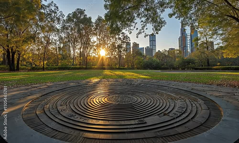 Serene park scene with a circular stone feature and city skyline. Serene park scene with a circular stone feature and city skyline.