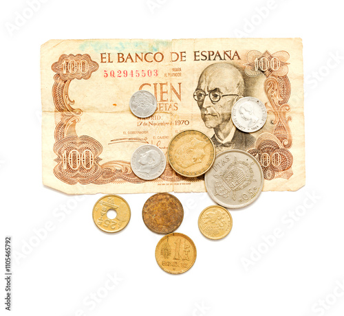 Out of circulation Spanish pesetas, coins and one banknote of one hundred, isolated on white background photo