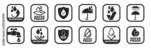 Waterproof icons set isolated on transparent background. Water protection, liquid proof protection. Collection of water resistant signs.