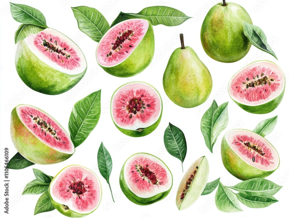Collection of watercolor paintings of various fruits, including a green pear with a pink center. The paintings are arranged in a grid, with some pieces overlapping each other Collection of watercolor paintings of various fruits, including a green pear with a pink center. The paintings are arranged in a grid, with some pieces overlapping each other