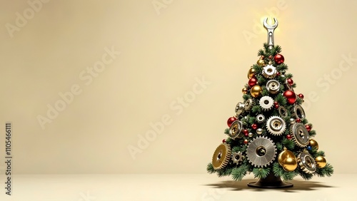 Christmas tree constructed from various car parts, stacked to form a symmetrical tree shape. The background is a light neutral color, like cream or pale beige