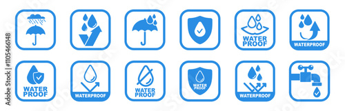 Waterproof sign collection icons set. Water protection icon with shield. Water resistant symbol. Used for package