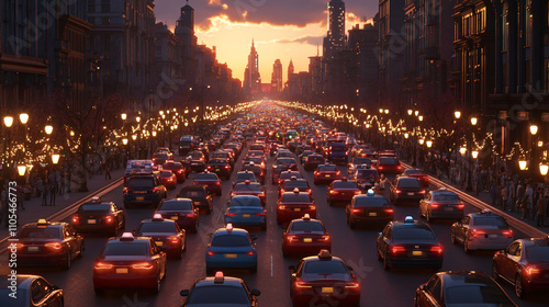 A long city boulevard congested with cars during a public event. photo