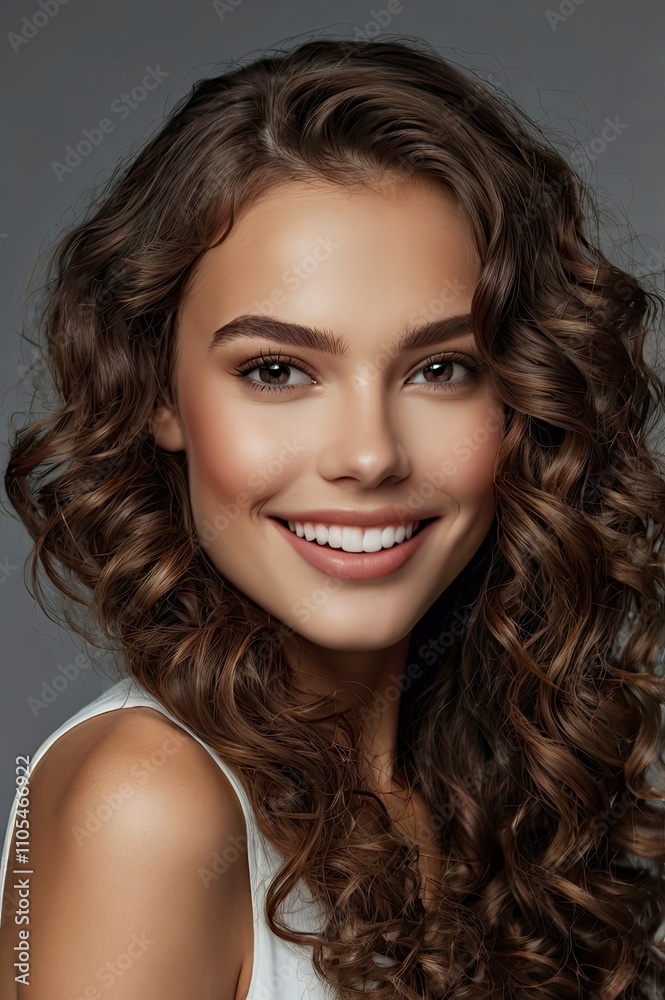 Beautiful smiling brunette model girl with long curly hair . Smiling woman hairstyle wavy curls . Fashion , beauty and makeup portrait Beautiful smiling brunette model girl with long curly hair . Smiling woman hairstyle wavy curls . Fashion , beauty and makeup portrait