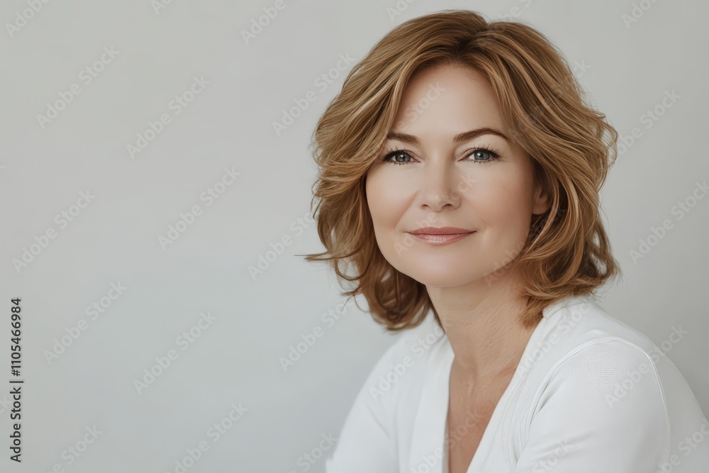 Fototapeta premium Gorgeous mature woman with light makeup and neatly styled hair, her calm and confident demeanor shining against a clean white background