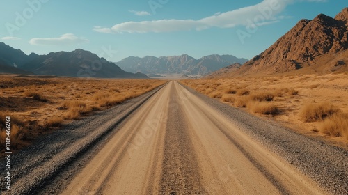 Long gravel road through arid desert landscape with brown mountains in the distance under a clear blue sky and sparse vegetation.