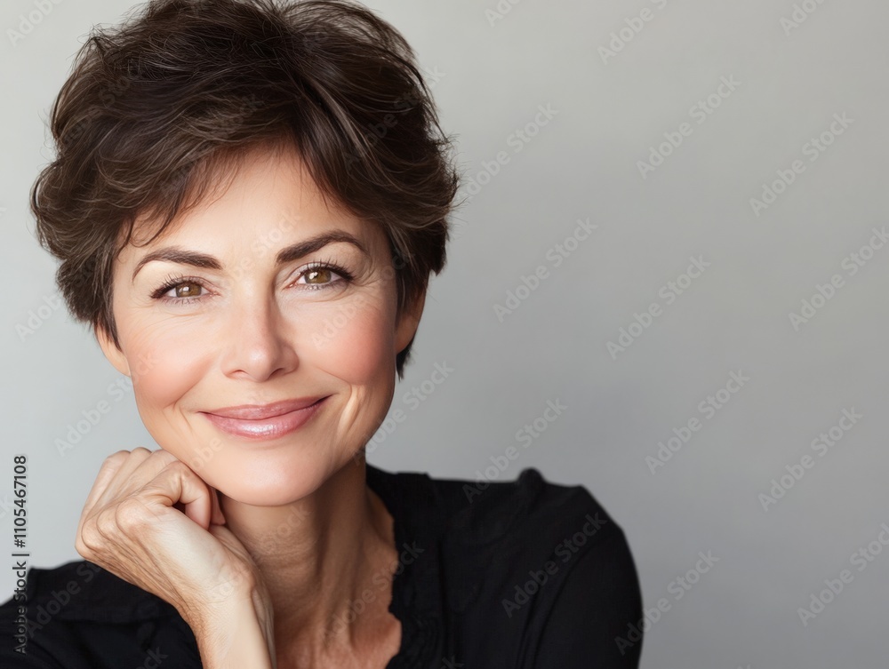 Gorgeous mid-aged woman with a warm smile and sparkling eyes, her timeless beauty shining in a minimalist portrait on white Gorgeous mid-aged woman with a warm smile and sparkling eyes, her timeless beauty shining in a minimalist portrait on white