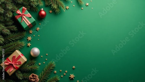 Green Christmas background with fir branches and decorations.
