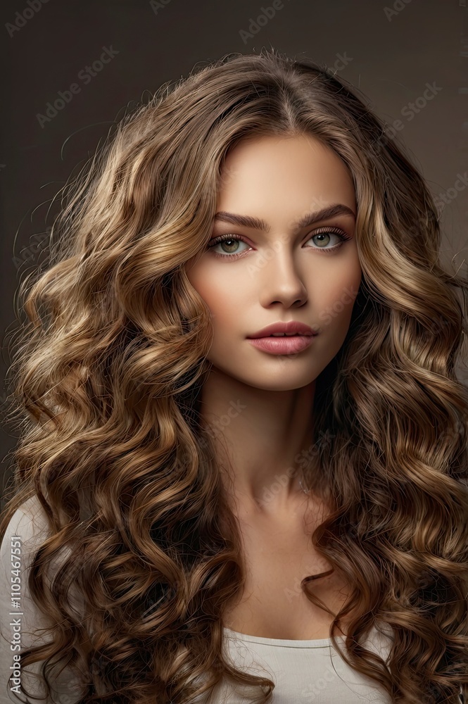 Beautiful woman in profile with long and shiny wavy hair . Beauty model girl with curly hairstyle . Presenting your product. Expressive facial expressions Beautiful woman in profile with long and shiny wavy hair . Beauty model girl with curly hairstyle . Presenting your product. Expressive facial expressions