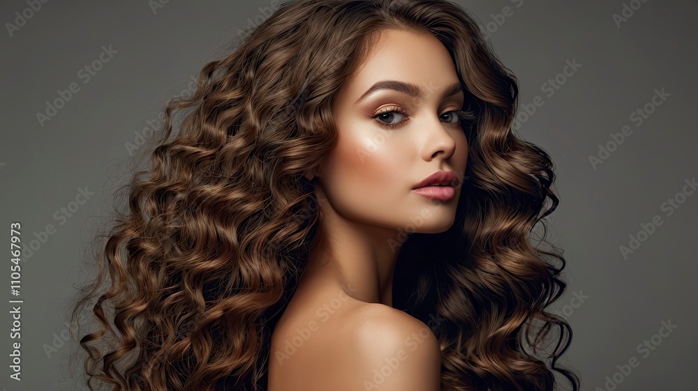 Beautiful woman in profile with long and shiny wavy hair . Beauty model girl with curly hairstyle . Presenting your product. Expressive facial expressions Beautiful woman in profile with long and shiny wavy hair . Beauty model girl with curly hairstyle . Presenting your product. Expressive facial expressions