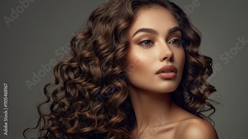 Beautiful woman in profile with long and shiny wavy hair . Beauty model girl with curly hairstyle . Presenting your product. Expressive facial expressions