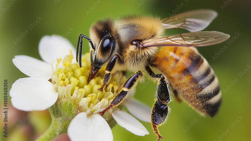 environmental consideration concept. A closeup of a bee pollinating a flower, underlining biodiversity preservation environmental consideration concept. A closeup of a bee pollinating a flower, underlining biodiversity preservation