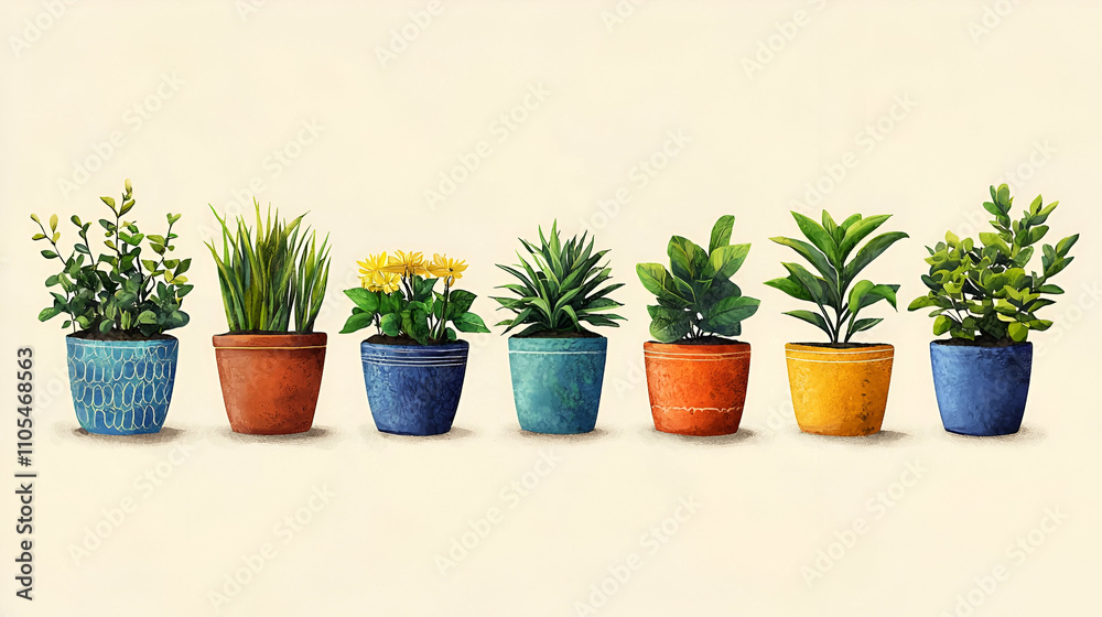 A colorful display of potted plants in various sizes and types arranged in a row against a light background. A colorful display of potted plants in various sizes and types arranged in a row against a light background.