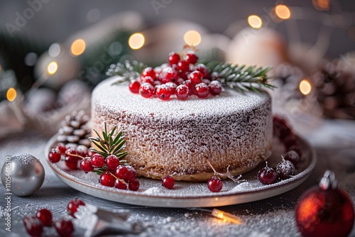 Wallpaper Mural A beautifully decorated cake sits on a plate, adorned with fresh red berries and evergreen sprigs. Surrounding it are small ornaments and pine cones, creating a cozy holiday atmosphere Torontodigital.ca