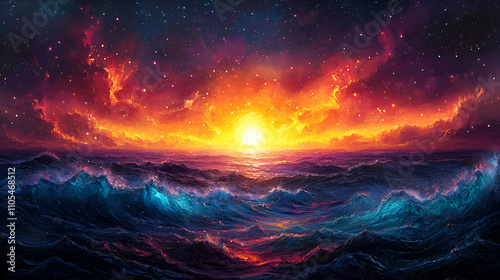 Wallpaper Mural A vibrant sunset over turbulent ocean waves, blending warm orange and cool blue hues, set against a starry sky, creating a stunning and atmospheric scene. Torontodigital.ca