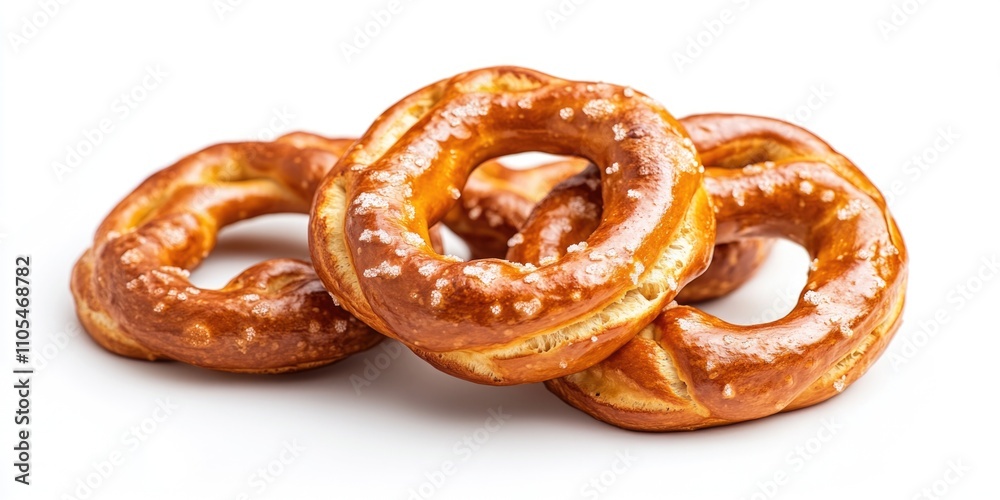 Stack of four pretzels with salt on top. The pretzels are brown and have a salty taste Stack of four pretzels with salt on top. The pretzels are brown and have a salty taste
