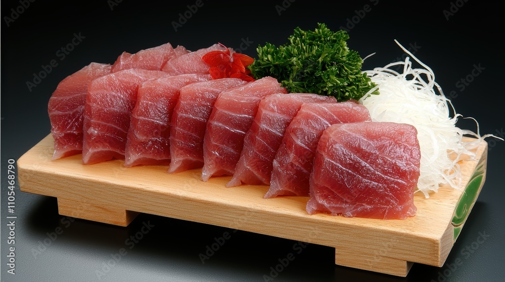 Gourmet Tuna Slices on Wooden Board with Natural Garnishes for Culinary Delight | Copy Space for Food Presentation Gourmet Tuna Slices on Wooden Board with Natural Garnishes for Culinary Delight | Copy Space for Food Presentation