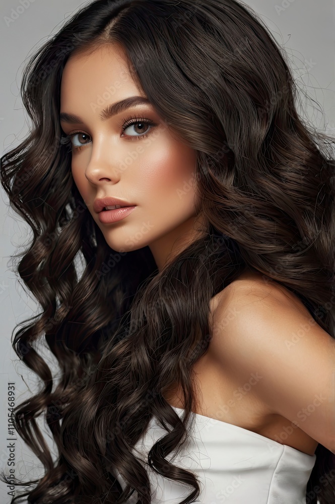 Beauty brunette girl with long and shiny wavy black hair . Beautiful woman model with curly hairstyle . Cosmetology , beauty and spa Beauty brunette girl with long and shiny wavy black hair . Beautiful woman model with curly hairstyle . Cosmetology , beauty and spa