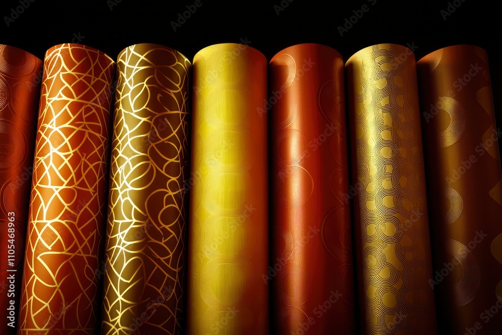 Naklejka premium Golden and brown patterned wrapping paper rolls